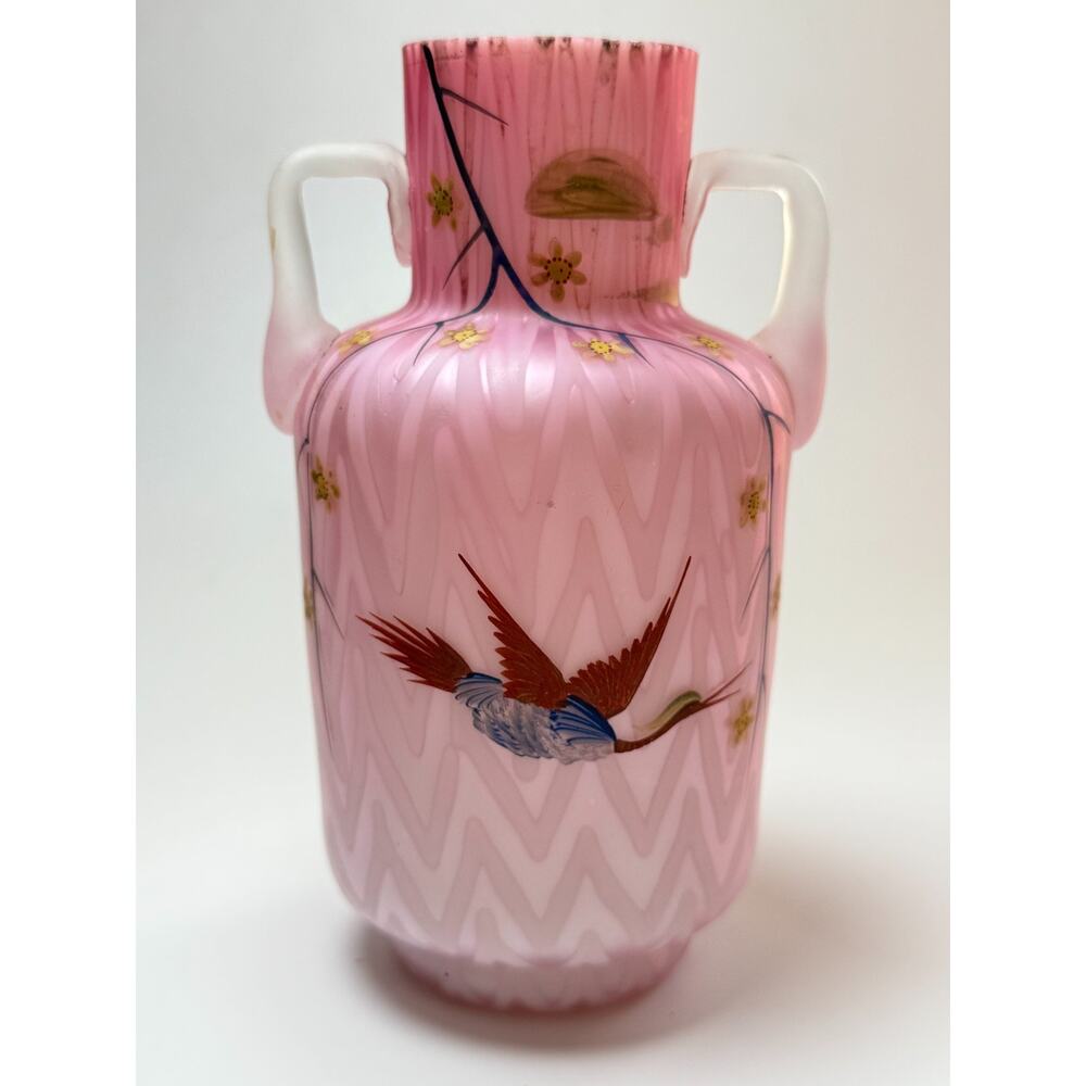 Antique Victorian Mt Washington Cased Pink Satin Glass Enamel Bird Quilted Vase